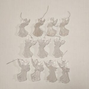 Set of 11 Frosted Acrylic Angel Christmas Ornaments Clear Winged Musical Figures